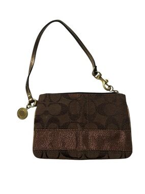 Coach Brown Signature Wristlet with Metallic Bronze Trim